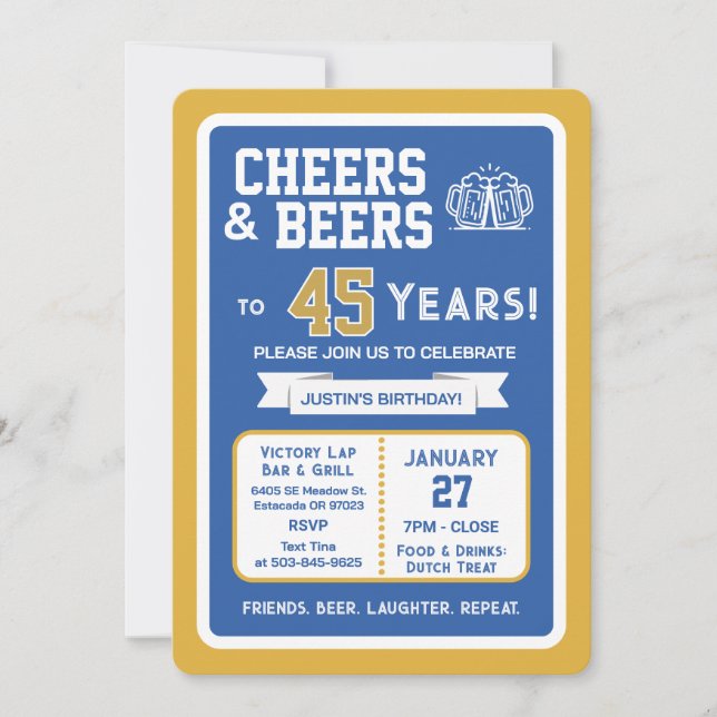 Sports Bar Birthday Cheers and Beers to 45 Years  Invitation (Front)