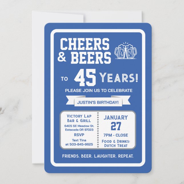 Sports Bar Birthday Cheers and Beers to 45 Years  Invitation (Front)