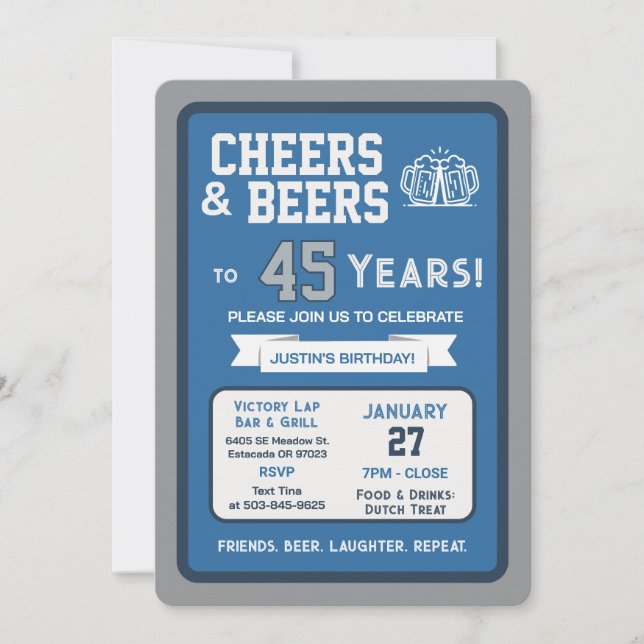 Sports Bar Birthday Cheers and Beers to 45 Years Invitation (Front)