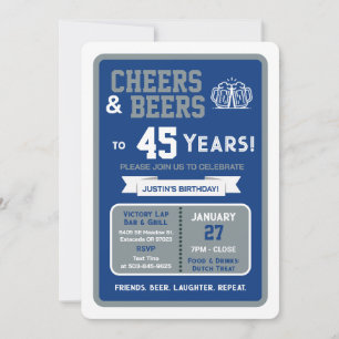 Sports Bar Birthday Cheers and Beers to 45 Years Invitation