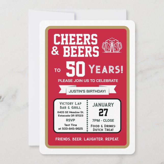Sports Bar Birthday Cheers and Beers to 50 Years Invitation (Front)