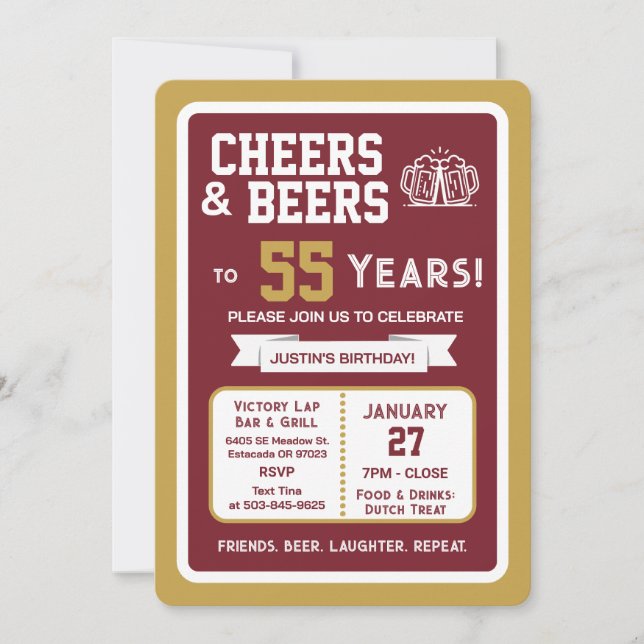 Sports Bar Birthday Cheers and Beers to 55 Years  Invitation (Front)
