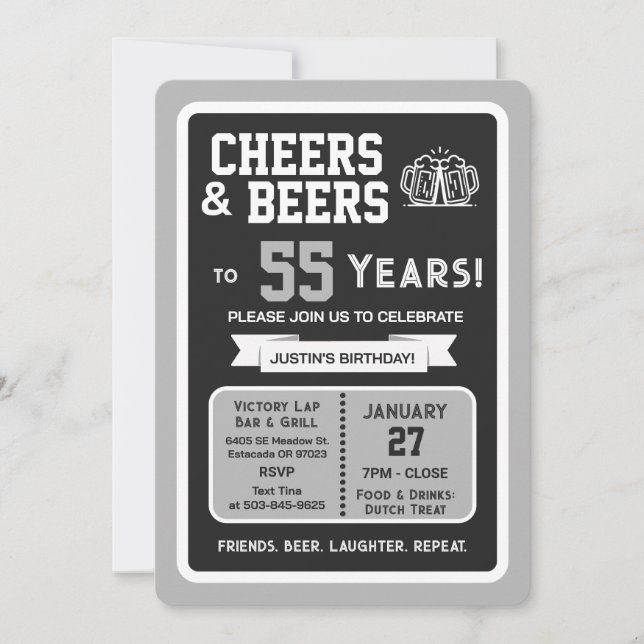 Sports Bar Birthday Cheers and Beers to 55 Years Invitation (Front)