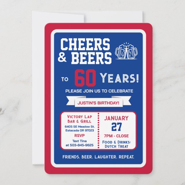 Sports Bar Birthday Cheers and Beers to 60 Years  Invitation (Front)