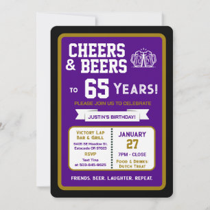 Sports Bar Birthday Cheers and Beers to 65 Years Invitation