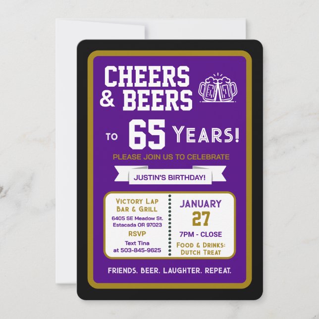 Sports Bar Birthday Cheers and Beers to 65 Years Invitation (Front)
