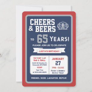 Sports Bar Birthday Cheers and Beers to 65 Years  Invitation