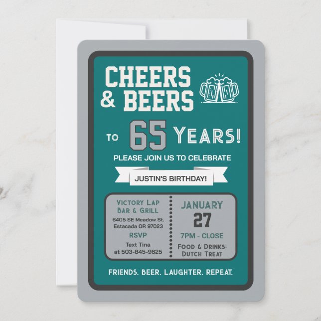 Sports Bar Birthday Cheers and Beers to 65 Years  Invitation (Front)
