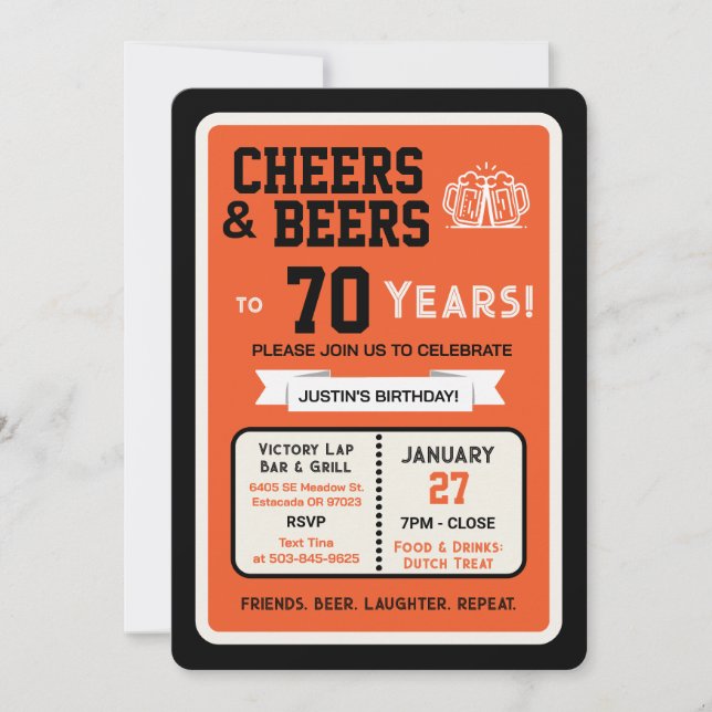 Sports Bar Birthday Cheers and Beers to 70 Years  Invitation (Front)