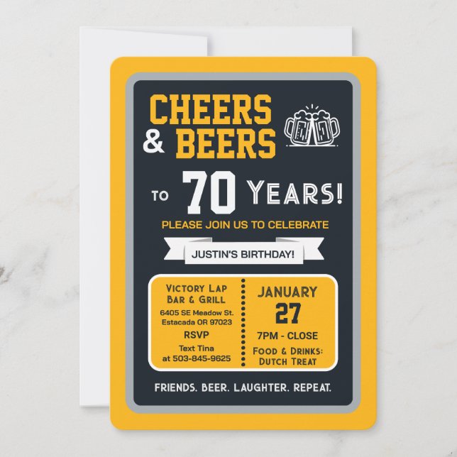 Sports Bar Birthday Cheers and Beers to 70 Years Invitation (Front)