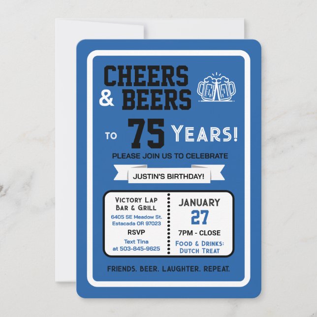 Sports Bar Birthday Cheers and Beers to 75 Years  Invitation (Front)