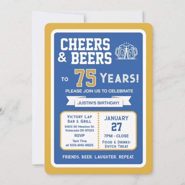 Sports Bar Birthday Cheers and Beers to 75 Years  Invitation (Front)