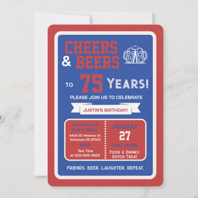 Sports Bar Birthday Cheers and Beers to 75 Years  Invitation (Front)