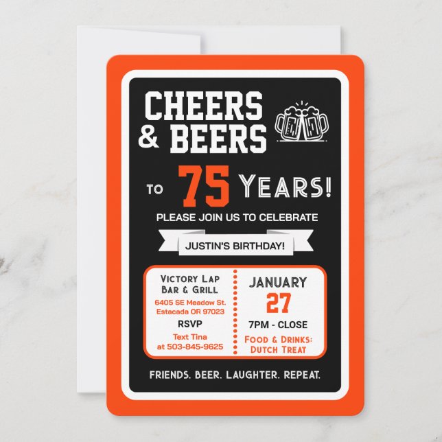 Sports Bar Birthday Cheers and Beers to 75 Years  Invitation (Front)