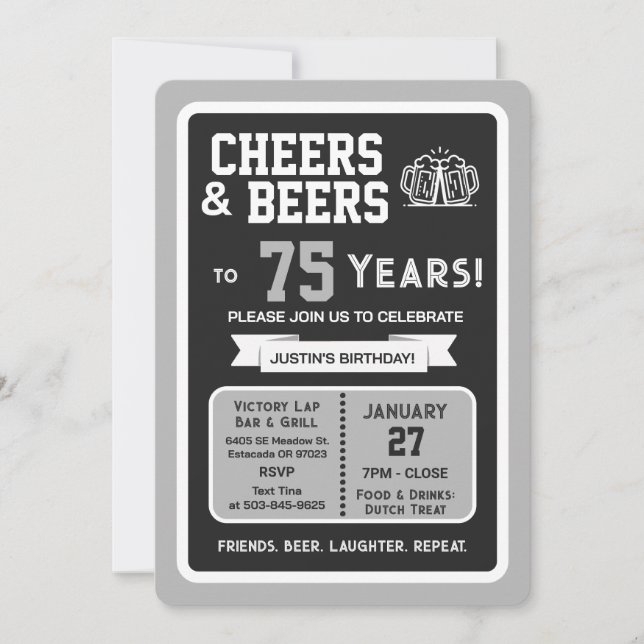 Sports Bar Birthday Cheers and Beers to 75 Years Invitation (Front)