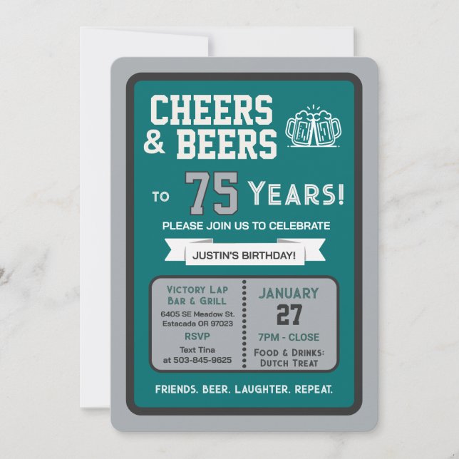 Sports Bar Birthday Cheers and Beers to 75 Years  Invitation (Front)