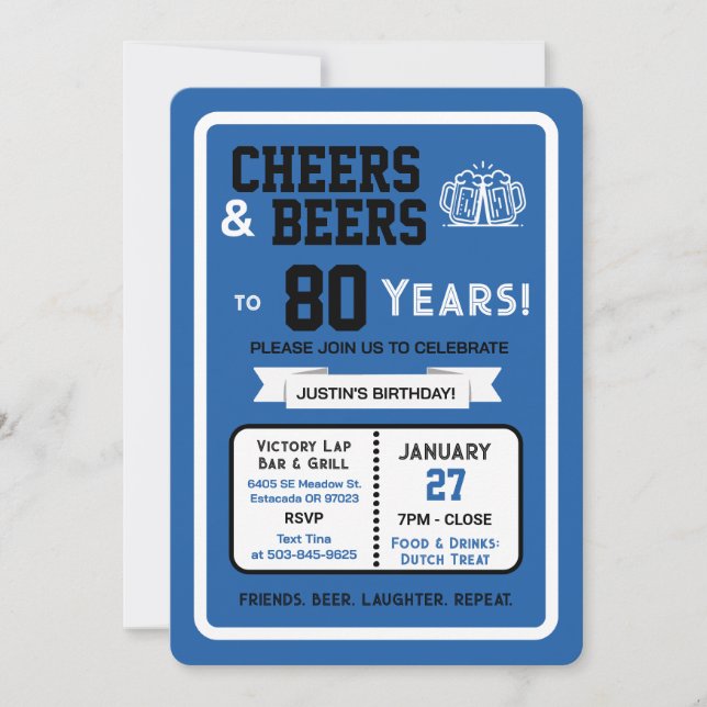 Sports Bar Birthday Cheers and Beers to 80 Years  Invitation (Front)