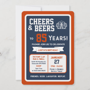 Sports Bar Birthday Cheers and Beers to 85 Years Invitation