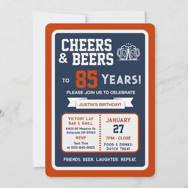 Sports Bar Birthday Cheers and Beers to 85 Years Invitation (Front)