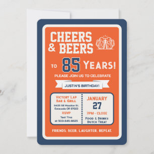 Sports Bar Birthday Cheers and Beers to 85 Years Invitation