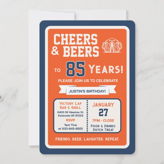 Sports Bar Birthday Cheers and Beers to 85 Years Invitation (Front)