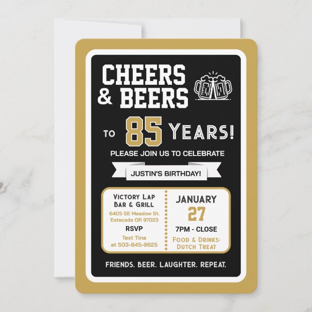 Sports Bar Birthday Cheers and Beers to 85 Years  Invitation (Front)