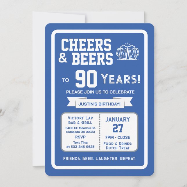 Sports Bar Birthday Cheers and Beers to 90 Years  Invitation (Front)