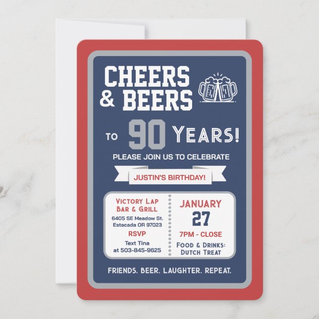 Sports Bar Birthday Cheers and Beers to 90 Years  Invitation (Front)