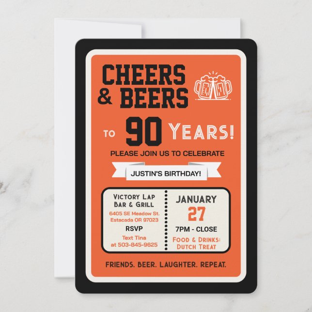 Sports Bar Birthday Cheers and Beers to 90 Years  Invitation (Front)