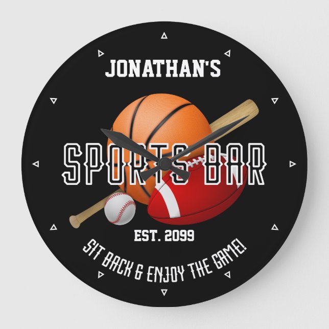 Sports Bar w Sports Equipment Round Wall Clocks (Front)
