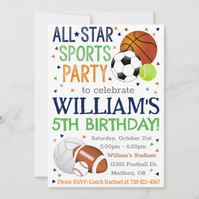 Sports Birthday Invitation, All-Star Sport Party Invitation (Front)