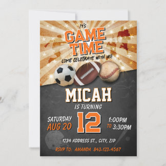 Sports birthday invite Soccer Baseball Football
