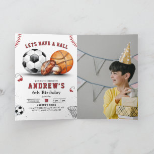 Sports Birthday Party Basketball Football Soccer Invitation