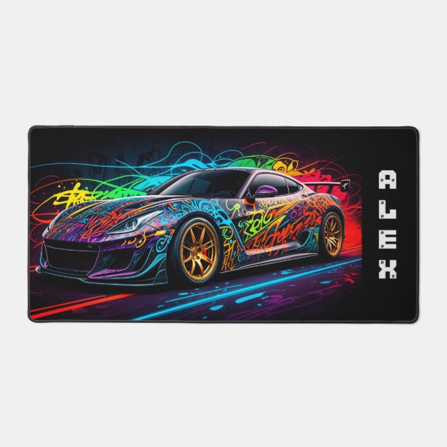 Sports car on graffiti background with first name desk mat (Front)