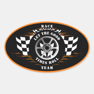 Sports Car Racing Chequered Flag Flames Helmet  Oval Sticker