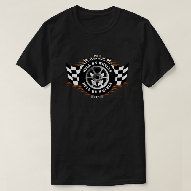 Sports Car Racing Flames Wheel Chequered Flag Pro T-Shirt (Design Front)