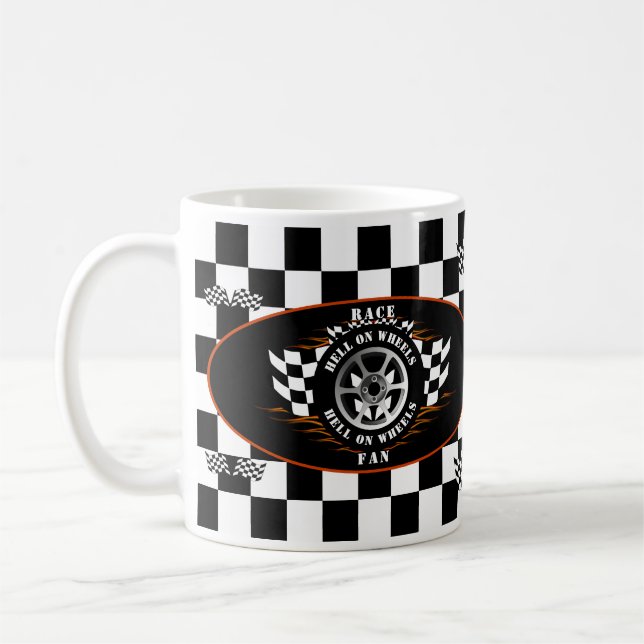 Sports Car Racing Wheel Chequered Flag Flames Pro Coffee Mug (Left)