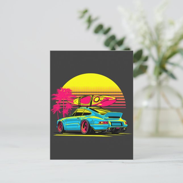 SPORTS CAR "SURFING ON SUNSET" POSTCARD (Standing Front)