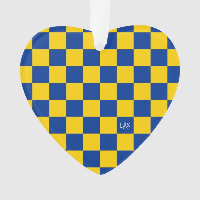 Sports Chequerboard INITIALS Blue Yellow Fan Club Ornament (Front)