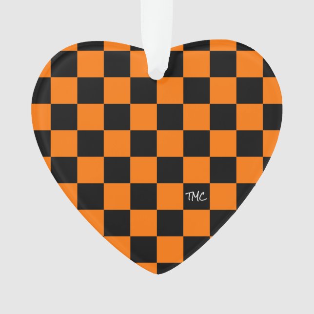 Sports Chequerboard INITIALS Orange Black Fan Ornament (Front)