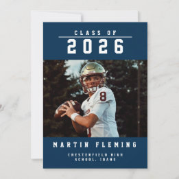 Sports Class of Custom Photo Blue Graduation Announcement