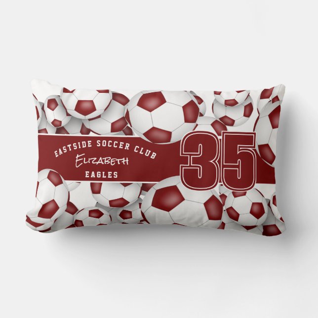 sports decor gifts Lots of soccer balls maroon Lumbar Cushion (Front)
