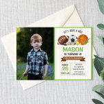 Sports Football Basketball Soccer Birthday Party Invitation<br><div class="desc">This is a custom photo sports themed birthday party invite for a boy. Let's have a ball! This design includes football,  basketball,  soccer,  hockey,  golf,  baseball,  and tennis. Green and brown. Perfect for a kids/children's birthday theme.</div>