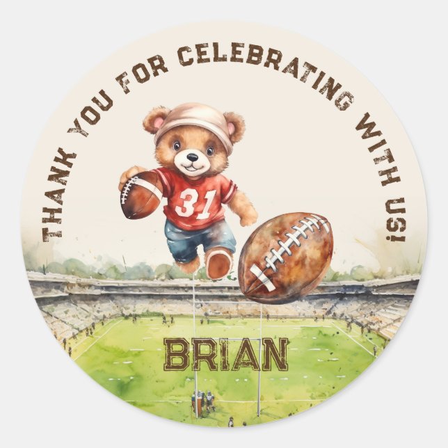 sports football boy 1st birthday thank you  classic round sticker (Front)