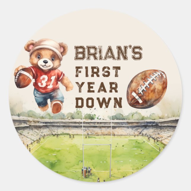 sports football first year down boy 1st birthday classic round sticker (Front)