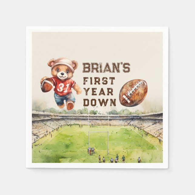 sports football first year down boy 1st birthday napkin (Front)