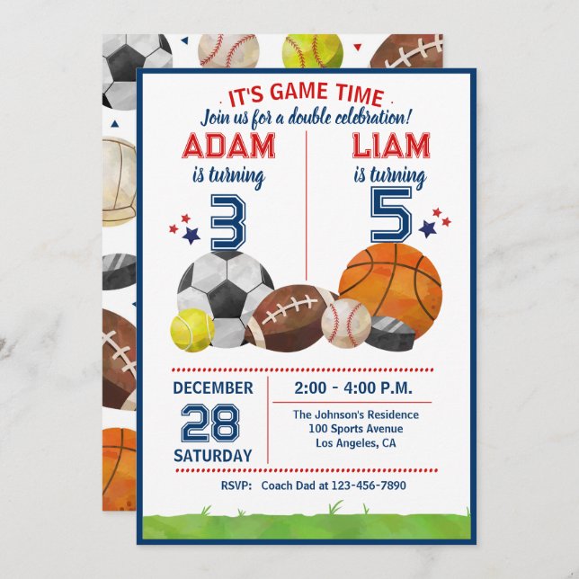 Sports Game Time All-Star  Birthday Party Invitation (Front/Back)