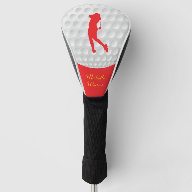 Sports Golfer Female Red Silhouette Golf Head Cover (Front)