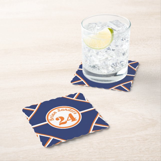 Sports Inspired Blue & orange paper coaster (Insitu)