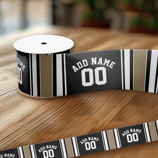 Sports Jersey Black and Gold Stripes Name Number Satin Ribbon (Custom Ribbon - Personalize with your text)